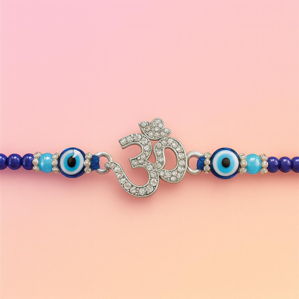 925 Sterling Silver Om Rakhi With Blue & Turquoise Beads — 925 silver, image 1