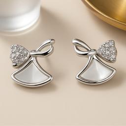 Elegant Angel Bow Silver Earrings With Pearl Inlay thumbnail 1