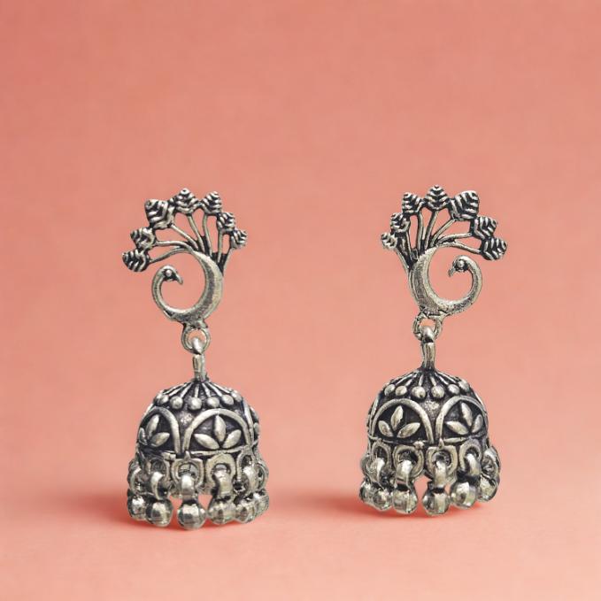 Antique Oxidised Silver Peacock Jhumka Earrings — 925 silver, image 1