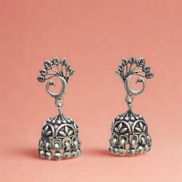 Antique Oxidised Silver Peacock Jhumka Earrings thumbnail 1