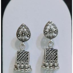 Teardrop Motif Oxidised Silver Tribal Earrings thumbnail 2