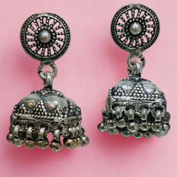 Oxidised Silver Square Dome Jhumka Earrings thumbnail 2