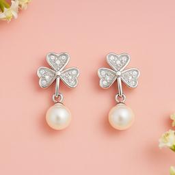 Elegant Clover Pearl Drop Earrings In Sterling Silver thumbnail 1