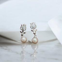 925 Silver Rose & Pearl Drop Earrings – Elegant Floral Design thumbnail 2