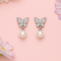 Elegant Butterfly Earrings With Pearl Drop thumbnail 1