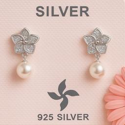 Shimmering 925 Silver Floral Earrings With Pearl Drop thumbnail 1