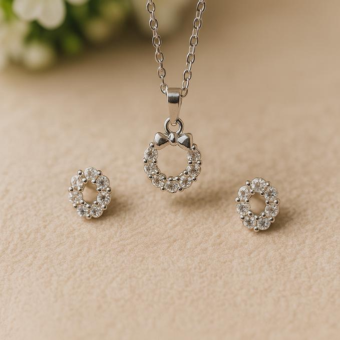 Dainty Silver Bow Circle Necklace And Earring Set — 925 silver, image 1