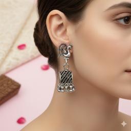 Oxidised Silver Peacock Motif Tribal Earrings thumbnail 3