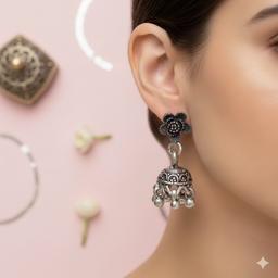 Floral Stud Oxidised Silver Jhumka Earrings thumbnail 1