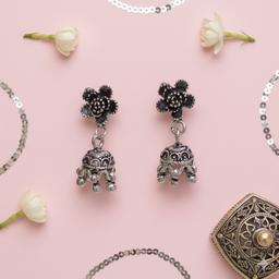Floral Stud Oxidised Silver Jhumka Earrings thumbnail 2
