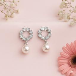 Elegant 925 Silver Heart Cz Pearl Drop Earrings thumbnail 1