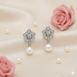 Elegant Floral 925 Silver Earrings With Dangling Pearl thumbnail 1