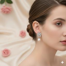 Elegant Floral 925 Silver Earrings With Dangling Pearl thumbnail 2