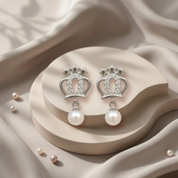 Royal Grace Silver Pearl Drop Studs — 925 silver, image 1