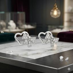 Minimal Heart Bow Diamond Accent Stud Earrings thumbnail 2