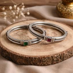Dual Stone Ruby & Green Oxidised Silver Bangle (single Piece) thumbnail 1