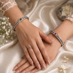 Dual Stone Ruby & Green Oxidised Silver Bangle (single Piece) thumbnail 2