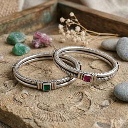 Dual Stone Ruby & Green Oxidised Silver Bangle (single Piece) thumbnail 3