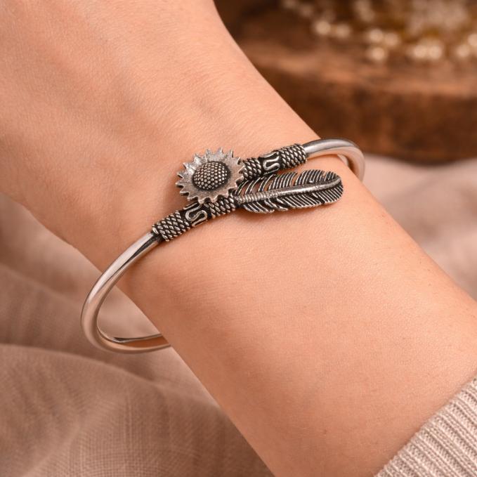 Boho Sun & Feather Adjustable Silver Kada — 925 silver, image 1