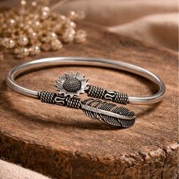 Boho Sun & Feather Adjustable Silver Kada  thumbnail 2