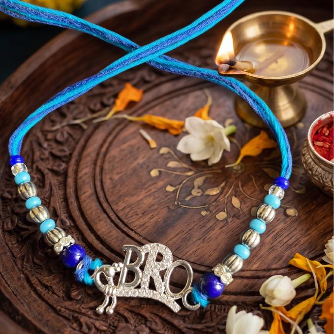 Bro Pure 925 Sterling Silver Rakhi On Blue Silk Thread — 925 silver, image 1