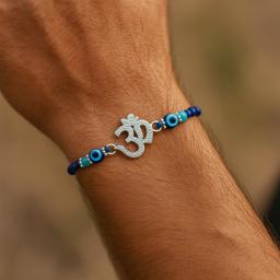 925 Sterling Silver Om Rakhi With Blue & Turquoise Beads thumbnail 2