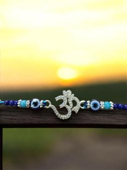 925 Sterling Silver Om Rakhi With Blue & Turquoise Beads thumbnail 4