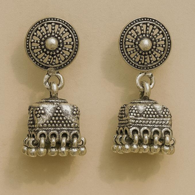 Oxidised Silver Square Dome Jhumka Earrings — 925 silver, image 1