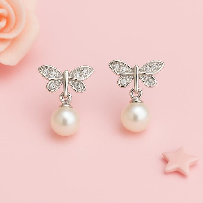 925 Silver Butterfly Pearl Stud Earrings
