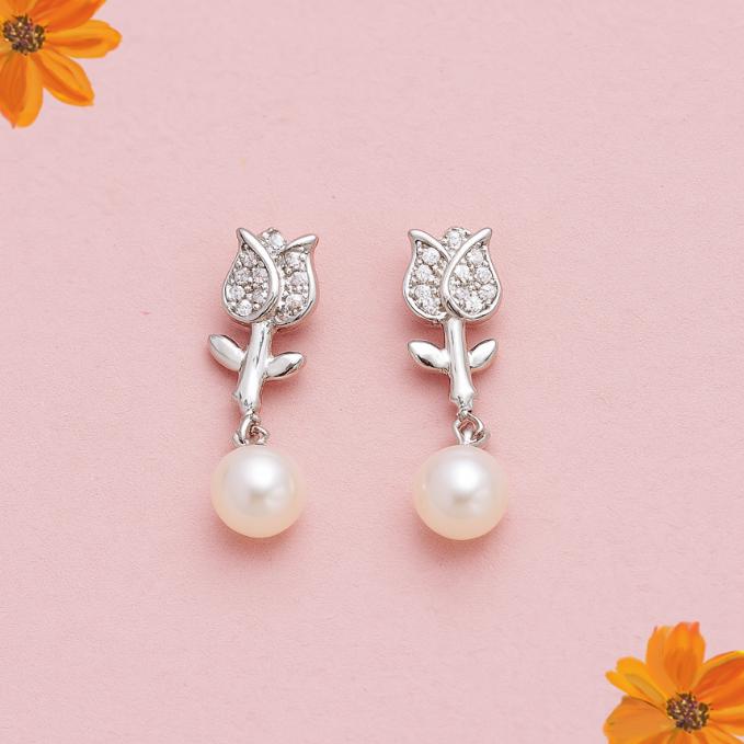 925 Silver Rose & Pearl Drop Earrings – Elegant Floral Design — 925 silver, image 1