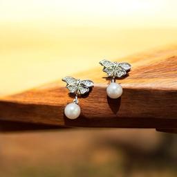 925 Silver Butterfly Pearl Stud Earrings thumbnail 3
