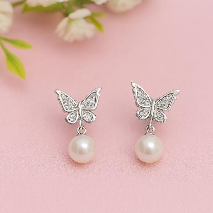 Elegant Butterfly Pearl Drop Earrings – 925 Silver