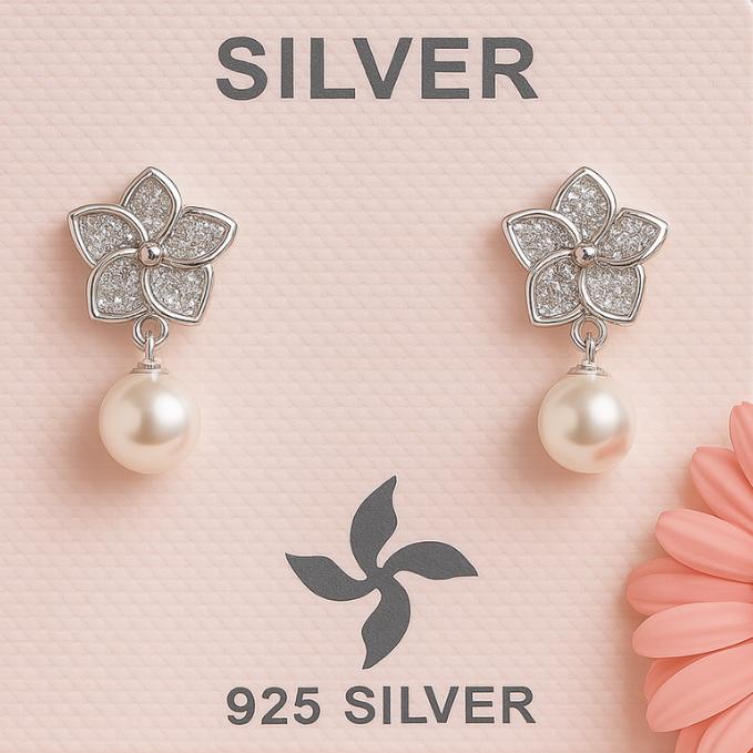 Shimmering 925 Silver Floral Earrings With Pearl Drop — 925 silver, image 1