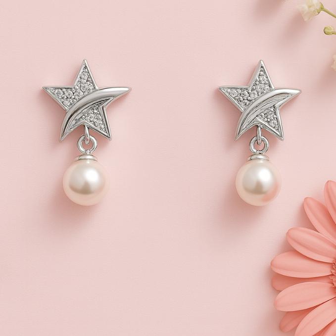 925 Silver Star Pearl Drop Earrings — 925 silver, image 1