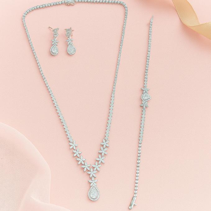 925 Silver Luxe Bridal Set – Necklace, Earrings, Ring & Bracelet — 925 silver, image 1