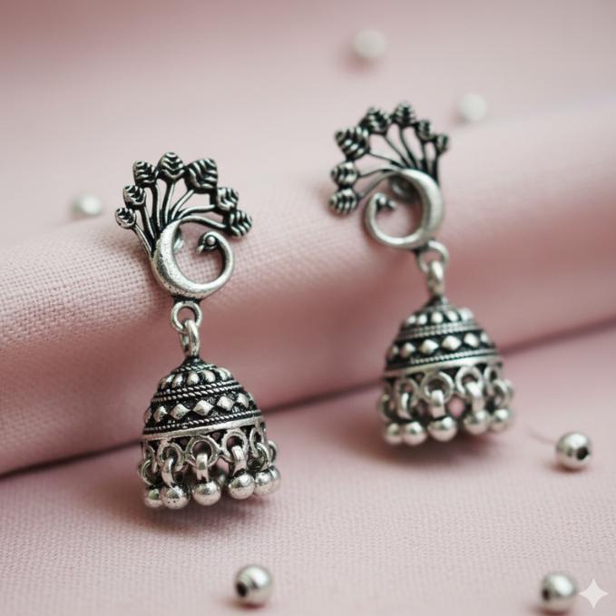 Handcrafted Oxidised Silver Dome Jhumka Earrings