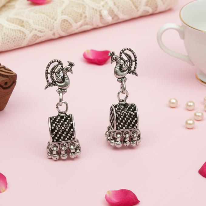 Oxidised Silver Peacock Motif Tribal Earrings — 925 silver, image 1