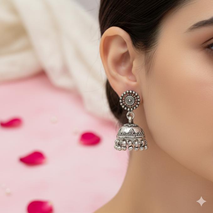 Oxidised Silver Dome Jhumka Earrings With Sunburst Studs — 925 silver, image 1