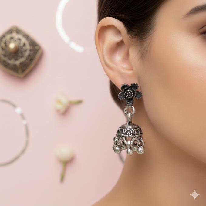Floral Stud Oxidised Silver Jhumka Earrings — 925 silver, image 1