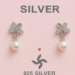Elegant Four-petal 925 Silver Pearl Drop Earrings thumbnail 2