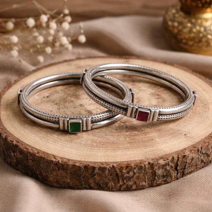 Dual Stone Ruby & Green Oxidised Silver Bangle (single Piece) — 925 silver, image 1
