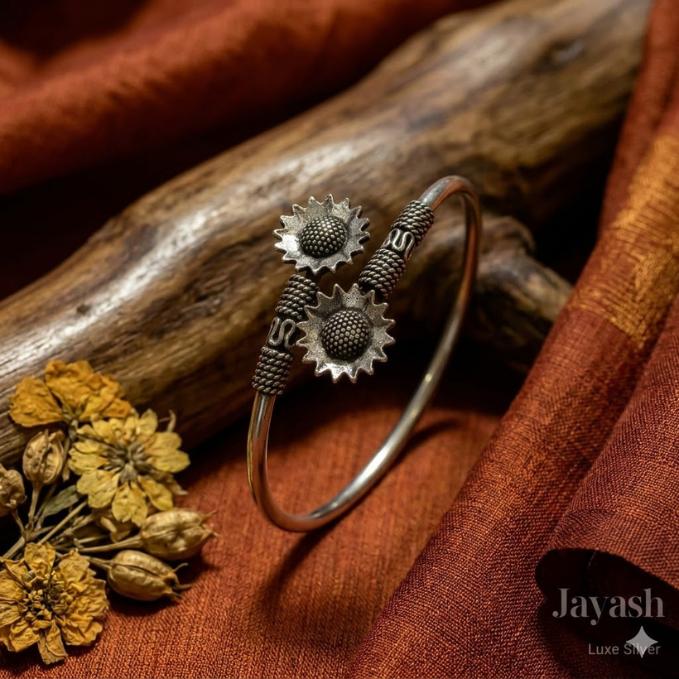 Antique Oxidized Silver Sunflower Kada — 925 silver, image 1